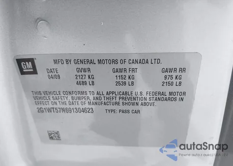 2009 Chevrolet Impala Lt z USA, uszkodzony, nr VIN 2G1WT57N691304623